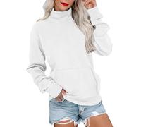 Sweatshirts For Women Uk Turtle Neck Casual Long Sleved Pullover With Kangaroo Pockets Autumn Winter Windproof Warm Solid Color Soft Comfy Sportwear (White, XXXL)