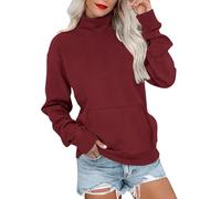 Sweatshirts For Women Uk Turtle Neck Casual Long Sleved Pullover With Kangaroo Pockets Autumn Winter Windproof Warm Solid Color Soft Comfy Sportwear (Wine, M)