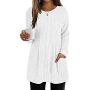 Sweatshirts for Women UK Women Ribbed Knit Sweaters Long Sleeve Tops Lightweight Jumpers Casual Round Neck Sweatshirt Ladies Curved Hem Tunic Top Autumn Winter Knit Sweater with Pockets White