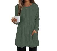 Sweatshirts for Women UK Women Ribbed Knit Sweaters Long Sleeve Tops Lightweight Jumpers Casual Round Neck Sweatshirt Ladies Curved Hem Tunic Top Autumn Winter Knit Sweater with Pockets Green