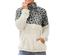 Sweatshirts for Women Women Casual Zipper Lapel Double Fleece Leopard Print Patchwork Hoodless Long Sleeve Sweatshirt (Grey, M)