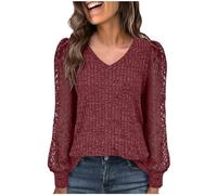 Sweatshirts Women UK Lace Hollow Out Jumpers V Neck Puff Sleeve Sweaters Ladies Plain Solid Pullover Ribbed Eyelet Crochet Tops for Casual Loose Knitwear Y2K Clothing Wine M