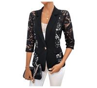 SweatyRocks Clasi Women's Blazer Elegant 3/4 Sleeve Cardigan Casual Lightweight Jacket Office Blazer with Contrast Lace, black, XL