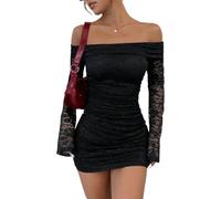 SweatyRocks Lace Dress Women's Long Sleeve Gothic Dress Off Shoulder Mini Dress Sexy Party Dress with Lace Cocktail Dress Shoulderless Dress Festival Outfit, black, L