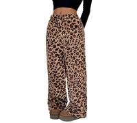 SweatyRocks Lined Trousers Women's Leo Print Winter Trousers Plush Y2k Loose Trousers Leo Baggy Trousers Women's Trousers with Elastic Band House Trousers Leisure Trousers, Leopards, L