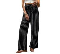 SweatyRocks Striped Trousers Women's Summer Wide Trousers Elegant Summer Trousers Lightweight Loose Casual Trousers with Elastic Band Beach Trousers Business Outfit, black, XL