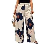 SweatyRocks Wide Leg Trousers Women's Large Sizes Floral Trousers Wide Leg Casual Trousers with Elastic Band Elegant Trousers Business Outfit, beige, XL