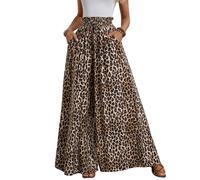 SweatyRocks Wide Leg Trousers Women's Leo Trousers with Pockets Loose Trousers Wide Leg Casual Trousers with Leopard Muslin Trousers with Elastic Band, Leopards, L