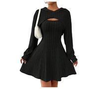 SweatyRocks Women's Knitted Two-Piece Tank Dress with Pullover 2-Piece Crop Hoodie with Hood A Line Dress Long Sleeve Dress Winter, black, L