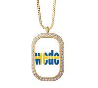 Sweden Country Flag Name Art Deco Fashion Necklace Pendant Diamond Crystal Golden Jewelry
