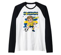 Sweden Kid Goal Cartoon Sverige Swedish Flag for Boys Kids Raglan Baseball Tee