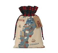 Sweden Map With Various Illus Print Burlap Plaid Gift Bag, Holiday Drawstring Gift Bags,Party Favor Pouchs, Jewelry Pouch