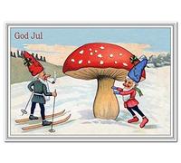 Swedish Christmas Cards - God Jul - Merry Xmas Greetings in Swedish language - Elf Gnome skiing Vintage Scandinavian design - Wishes Sweden - Blank inside to write own message