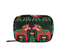 Swedish Dala Horse Folk Art Seamless on Black Pill Case with Removable Internal Plastic Boxes Organizer, Small Medicine Bag Holder Zippered Carrier for Travel Storage Container