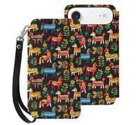 Swedish Dala Horse Folk Pattern Compatible with iPhone 17 Air Case PU Leather Flip Wallet Phone Cover Card Holder Women Men