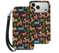Swedish Dala Horse Folk Pattern Compatible with iPhone 17 Pro Max Case PU Leather Flip Wallet Phone Cover Card Holder Women Men