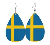 Swedish flag double-sided printed leather earrings int and shape of water drops, creative, light and novel, bright and vivid colors.