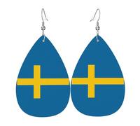 Swedish flag Leather Earring. Stylish teardrop shape, perfect for women, and a great decorative choice for parties and holidays.
