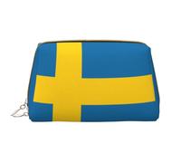 Swedish Flag Leather Portable Makeup Bag for Cosmetics, Toiletries, and Daily Essentials