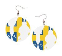 Swedish Flag Map Printed Round Earrings For Women, 1 Pair Lightweight Leather Pierced Earrings Set Trendy Jewelry Gifts For Women Girls