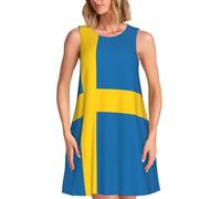 Swedish Flag Print Stylish Summer Dress for Women,Sleeveless A-Line Sundress with Pockets, for Beach Vacation, Black, 3XL