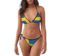 Swedish Flag Print Two Piece Thong Bikini Sets for Women,Halter Bikini with Adjustable Straps Black