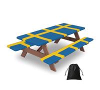 Swedish Flag Print Waterproof Picnic Table Cover With Bench Cover Set Of 3 Elastic Edge Durable Outdoor Tablecloth