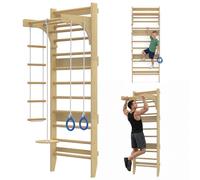 Swedish Ladder,Wall-Mounted Stall Bars,Suspension Trainer with Pull-Up Bar&Adjustable Gymnastic Ring&Climbing Rope Ladder&Wooden Disc Swing Seat,for Adult and Kids,Indoor Home Gym Studio Workout Yoga