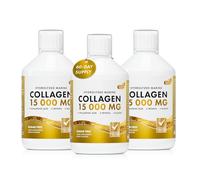 Swedish Nutra Liquid Marine Collagen 15,000 mg, 3 x 500 ml, 60 Day Supply | Hydrolysed marine collagen type 1 & 3 with hyaluronic acid, biotin, elastin, retinol & vitamins; sugar free apple flavour
