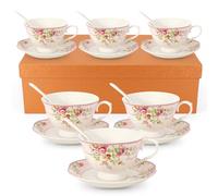 SWEDOU Coffee Cup and Saucer Sets of 6 with Spoon, 8oz /250ml Tea Coffee Cappuccino Cup Saucers Set New Bone China Mug Floral Vintage Espresso Cup for Birthday Wedding Afternoon Party