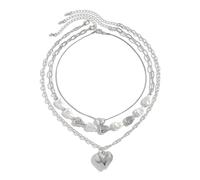 Sweeaau 3pcs Elegant Faux Pearls And Heart Pendant Necklace Set For Bride Adjustable Clavicle Chain Layered Neckchain Jewelry Gold Plated Chain