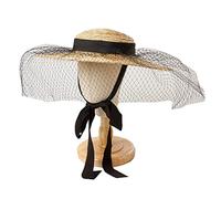 Sweeaau Straw-Woven Fascinator For Sun For Protection UV Radiation Decorated With Grenadine Adjustable Strap Unisex Girls Hat With Veil