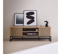 Sweeek - 120Cm Tv Unit Grooved Wooden Effect And Metal 2 Doors Lisbonne Natural 120X40X42 Cm