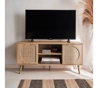 Sweeek - 120Cm Tv Unit Woodenn Effect Rounded Cane Rattan 2 Doors Eva Natural 120X39X56.5 Cm