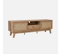 Sweeek. 150Cm Tv Unit With Sliding Doors Closed Locker Wood And Cane Effect Shelf