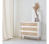 Sweeek - 3-Drawer Chest With Wood And Cane Effect Boheme Blanc Cassé 90X39X79 Cm