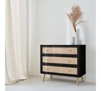 Sweeek - 3-Drawer Chest With Wood And Cane Effect Boheme Black 90X39X79 Cm