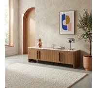 Sweeek - 4-Door Tv Stand 180 Cm With Travertine Effect Top And Wood Decor Walnut - Aretha