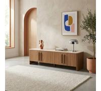 Sweeek - 4-Door Tv Stand 180 Cm With Travertine Effect Top And Wood Decor Walnut - Aretha