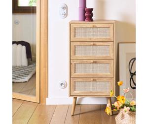 Sweeek - 4-Drawer Chest With Wood And Cane Effect Boheme Natural 48X39.5X96 Cm