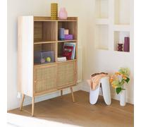Sweeek. 5-Shelf Bookcase Sliding Doors With Wood And Cane Effect Boheme Natural 100X40X152 Cm