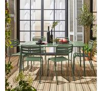 Sweeek - 6-8 Seater Rectangular Steel Garden Table Set With 6 Chairs Green 160X90X72.5 Cm - Amelia