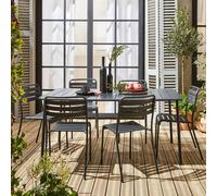 sweeek 6-8 Seater Rectangular Steel Garden Table Set With 6 Chairs in Dark Grey swe ark Grey