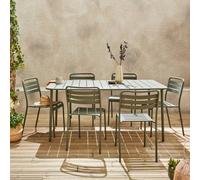 Sweeek - 6-8 Seater Rectangular Steel Garden Table Set With 6 Chairs Khaki Green 160X90X72.5 Cm - Amelia