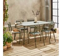 Sweeek - 6-8 Seater Rectangular Steel Garden Table With Chairs Amelia Khaki Green 160X90X72 Cm