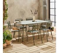 Sweeek - 6-8 Seater Rectangular Steel Garden Table With Chairs Khaki Green 160X90X72 Cm - Amelia