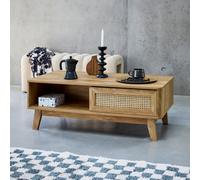 Sweeek - Coffee Table With 2 Niches 1 Sliding Door Wood And Cane Effect Eucalyptus Legs