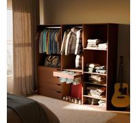 Sweeek - Modular Dressing Room Kit With 3 Elements Shelves Drawers Hanging Rail Trouser Rack Walnut Colour 200 X 45 X 180 Cm