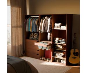 Sweeek - Modular Dressing Room Kit With 3 Elements Shelves Drawers Hanging Rail Trouser Rack Walnut Colour 200 X 45 X 180 Cm