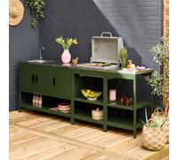 Sweeek - Outdoor Kitchen 3 Modules With Charcoal Barbecue And Sink Green - Naxos